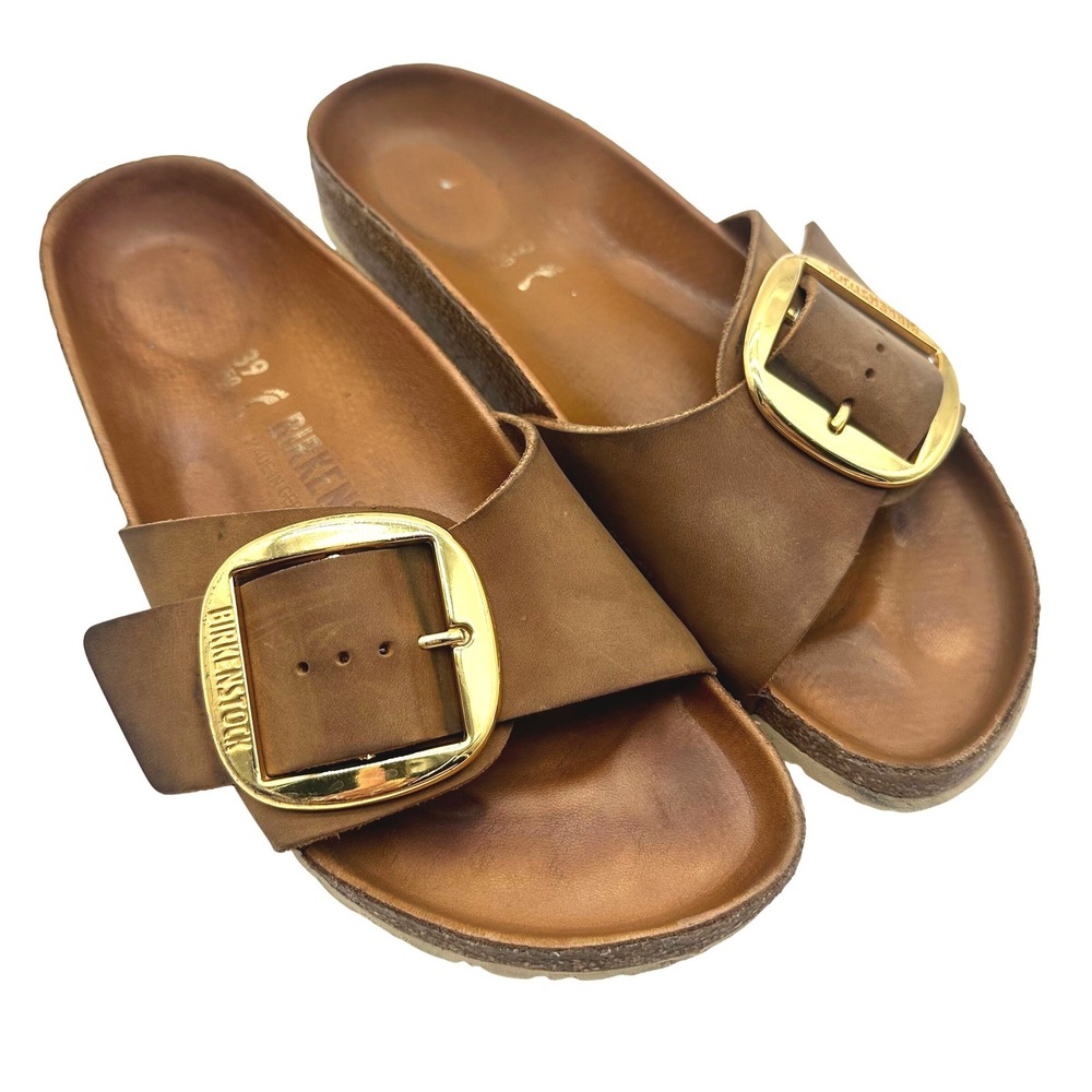 Birkenstock Madrid Big Buckle Cognac Leather Sandals Gold Buckle Women 39/8-8.5